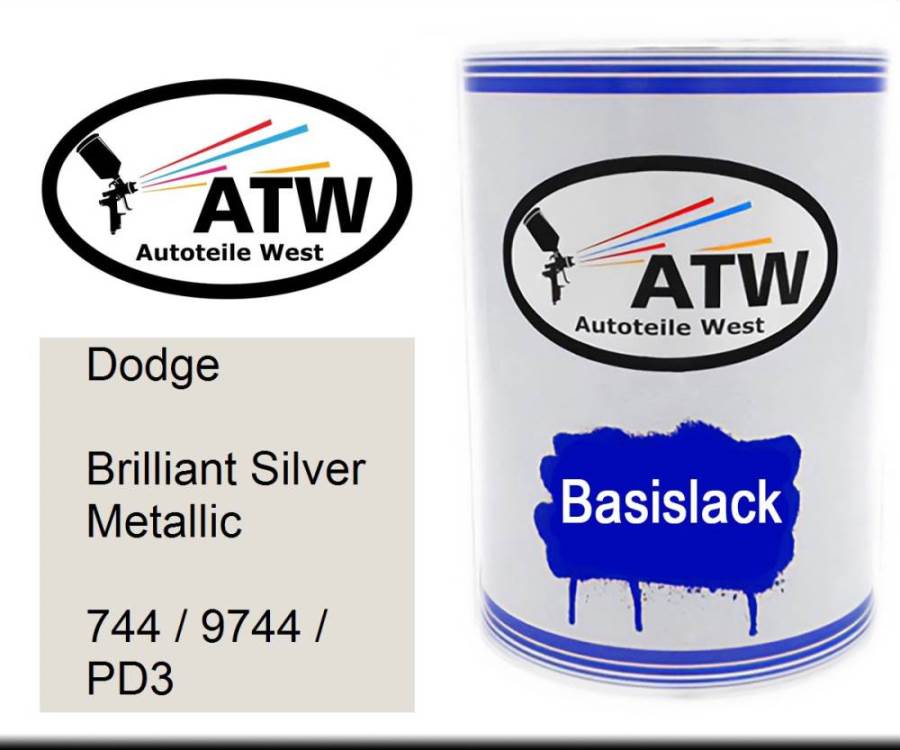 Dodge, Brilliant Silver Metallic, 744 / 9744 / PD3: 500ml Lackdose, von ATW Autoteile West.